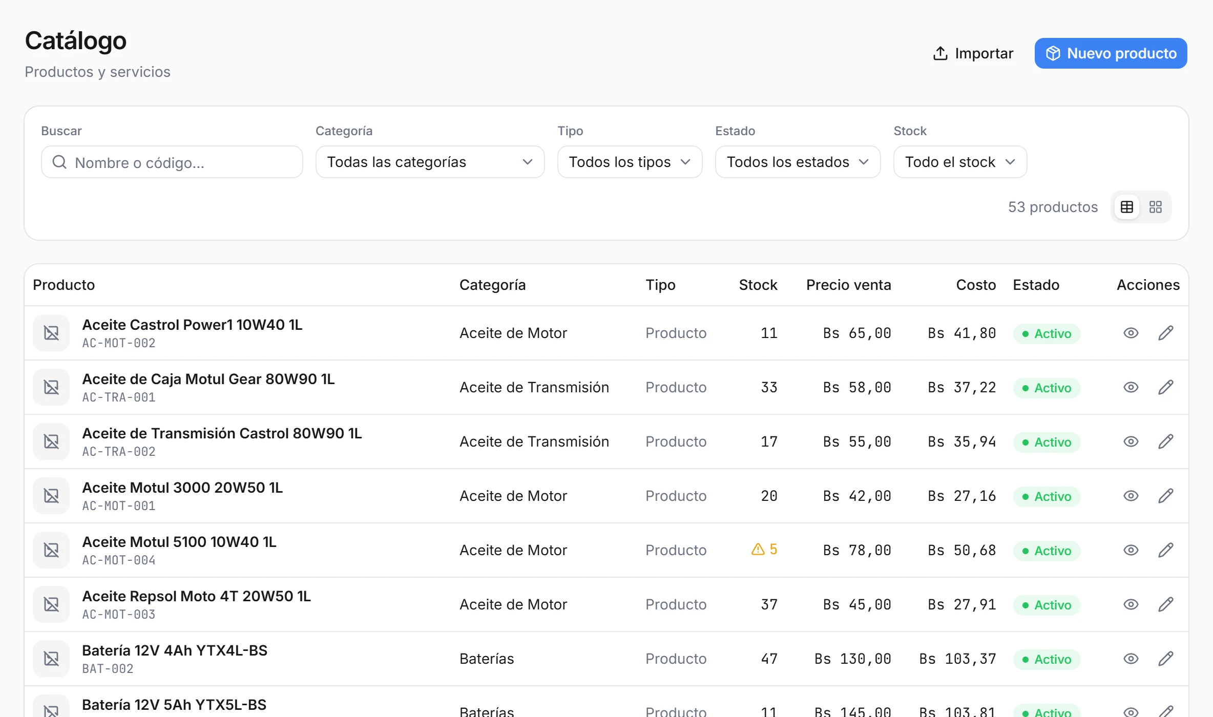 Catálogo de productos con stock, precio y costo en DreamERP